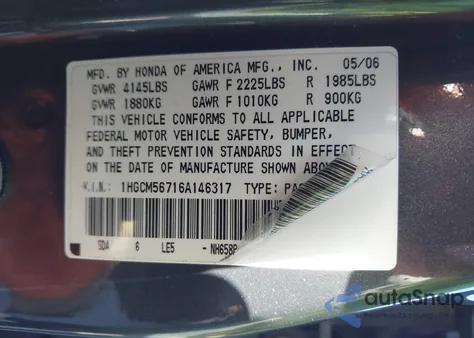 2006 Honda Accord Sdn 2.4 Ex/Ex from USA, damaged, VIN 1HGCM56716A146317